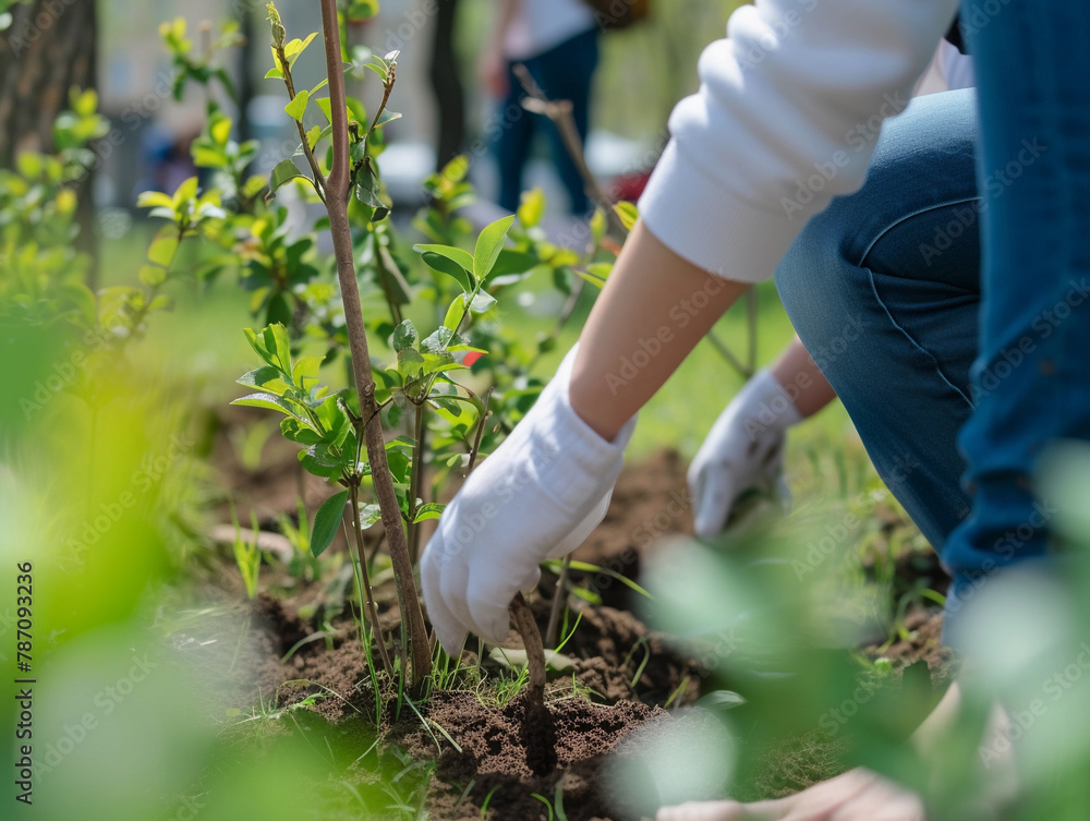 Fototapeta premium Young volunteer planting sapling in park