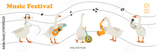 Vector music banner with funny geese. Flyer design for musical festival, classes or concert. Flat cute musician characters. 