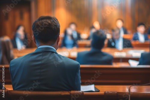 A man sits in a courtroom with a group of people, in formation