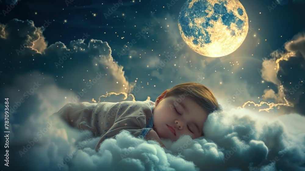 Baby Dreaming in the Night Sky Surrounded by Clouds and Full Moon Baby Dreaming in the Night Sky Surrounded by Clouds and Full Moon