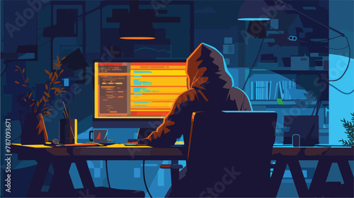 A mysterious hacker thief sits at a computer photo