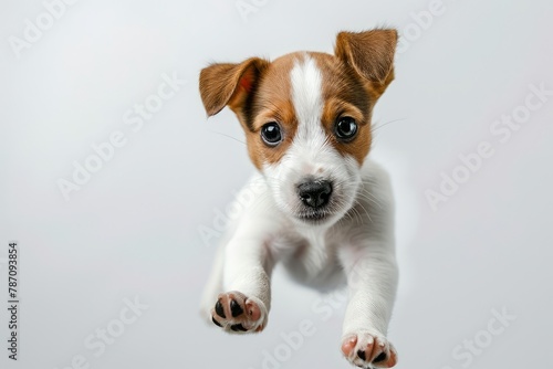 Portrait of cute playful puppy of Jack Russell Terrier in motion  jumping isolated over white studio background. Concept of motion  beauty  vet  breed  pets  animal life. Copy space for ad