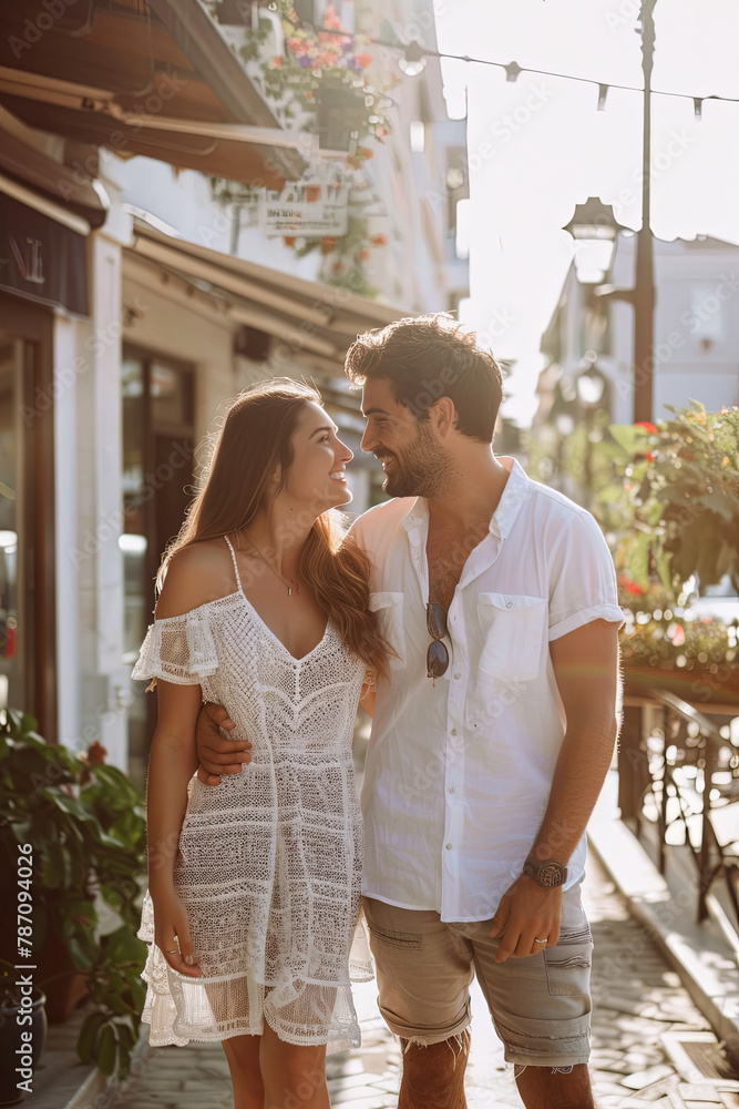 Fototapeta premium Loving couple in a sunny summer city 