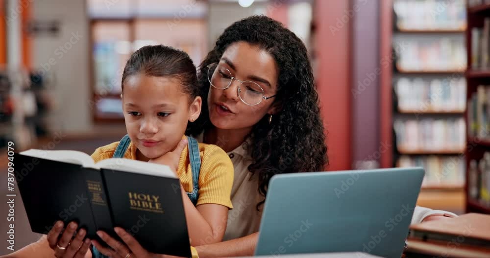 Woman, child and bible with library, faith and reading for future growth and knowledge. Teacher, kid and smile with help, development and english education for creativity and religion learning Woman, child and bible with library, faith and reading for future growth and knowledge. Teacher, kid and smile with help, development and english education for creativity and religion learning
