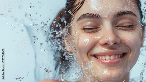 Happy woman enjoying refreshing shower with water splashing on face in bathroom
