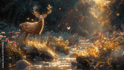 A deer gracefully stands beside a tranquil river in a picturesque natural landscape, with birds chirping overhead and fluffy clouds painting the sky © RichWolf
