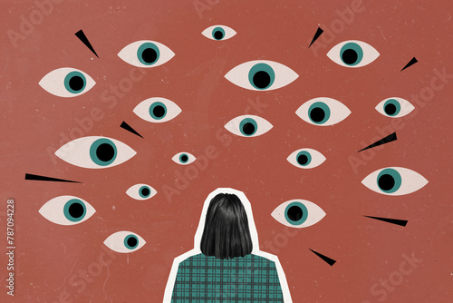 Obraz na plátně Composite photo collage of young girl stand back creepy pile eyes spy stare stal