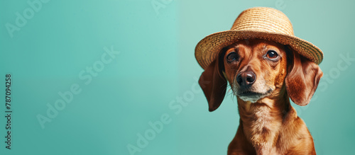 Dachshund in a hat on a green background with copy space. photo