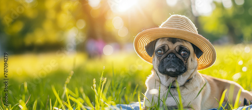 A pug in a hat lies on the lawn. Copy space.
