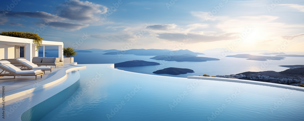 Luxury pool with breathtaking view, beautiful panoramic landscape, generated ai
