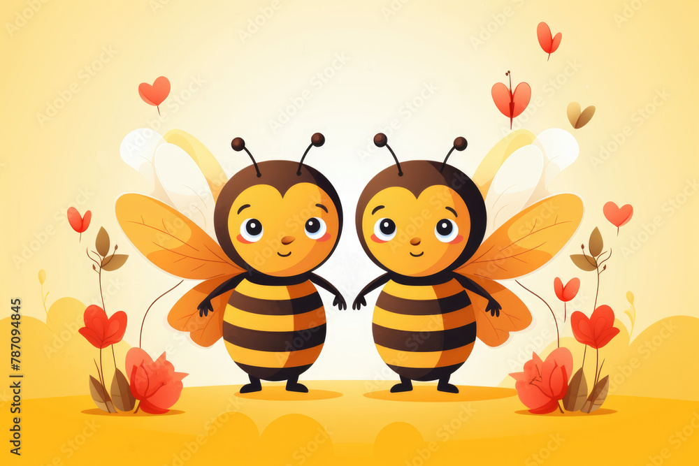 Cute bees surrounded by flowers and herbs on yellow background. Baby character, summer illustration.