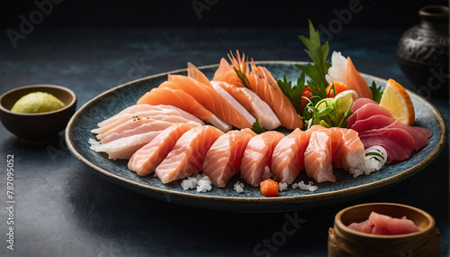 Top view of fresh raw salmon with parsley, oil and salt on black marble table. Fish delicacy