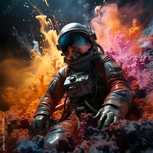 Astronaut in space suit and helmet sitting on planet surface. 3D rendering