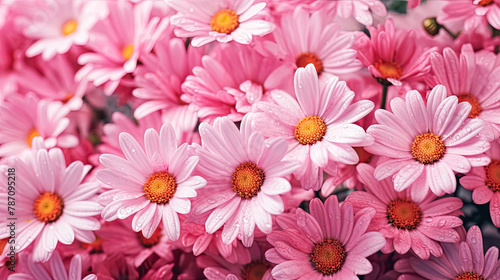 A field of white daisies with a pinkish hue.