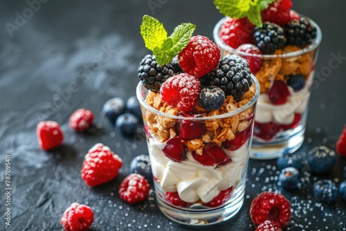 Dessert in a glasses with berries. Healthy organic breakfast or snack concept.