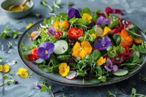 Fresh salad of spring vegetables decorated with edible flowers