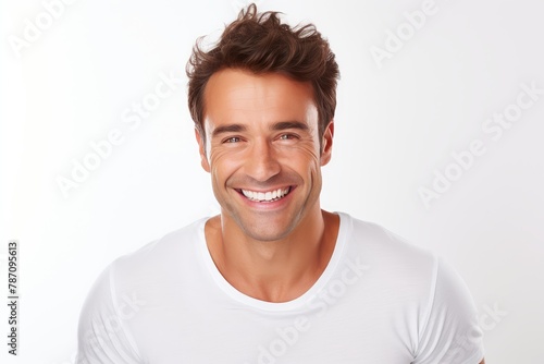 Portrait of happy casual handsome man smiling, Mid adult guy Isolated on white background, copy space.