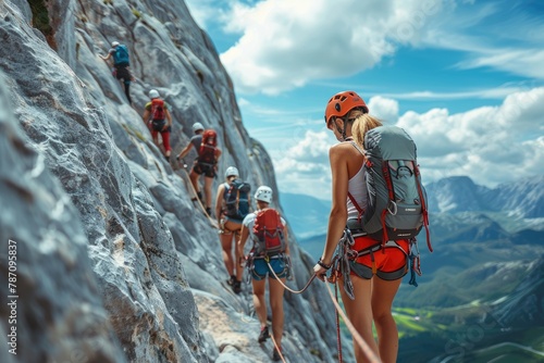 Woman and group of other people climbing on steep rock face on via ferrata. Climbers on via ferrata climbing route. Summer adventure mountain activity. photo