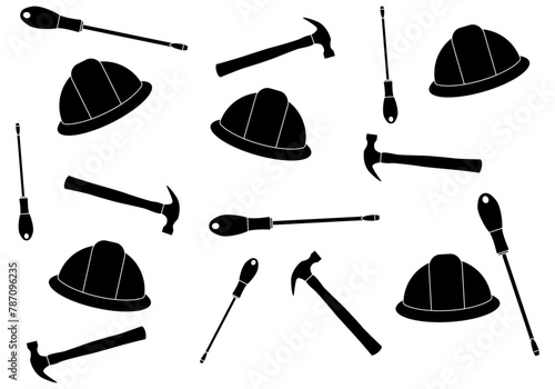 Patrón de silueta de casco, martillo y destornillador. 