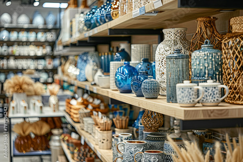 View of assortment of decor for interior shop in store of shopping center. Home accessories and household products in store of shopping centre
 photo