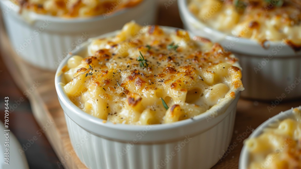 A white bowl of macaroni and cheese with a sprinkle of herbs on top A white bowl of macaroni and cheese with a sprinkle of herbs on top