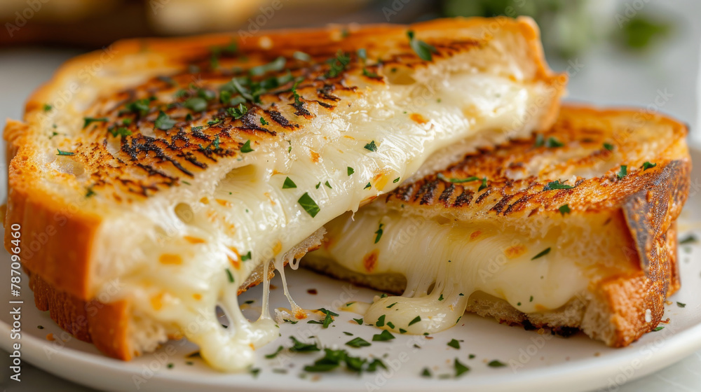A slice of cheese sandwich with parsley on top. The sandwich is cut in half and has a lot of cheese visible A slice of cheese sandwich with parsley on top. The sandwich is cut in half and has a lot of cheese visible