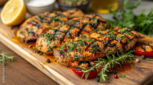A plate of grilled chicken with herbs and lemon slices