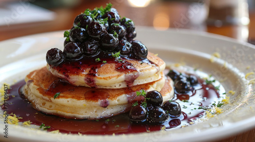 A stack of pancakes with blueberries on top photo