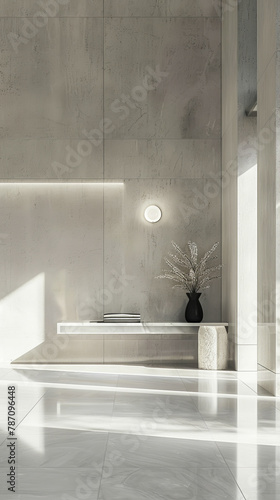 A white and grey room with a white bench and a vase of flowers on it