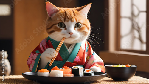 a cute cat eating sushi with chopsticks, wearing a colorful kimono, 8k