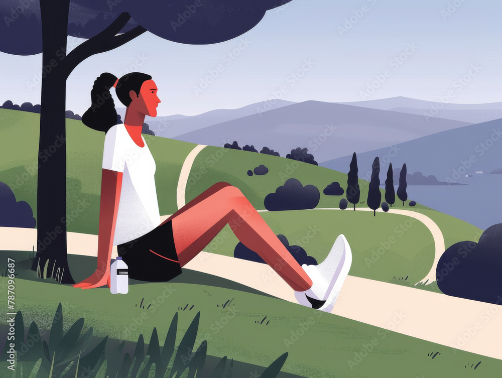 Illustration of a woman sitting under a tree overlooking a scenic landscape with hills and a winding path.