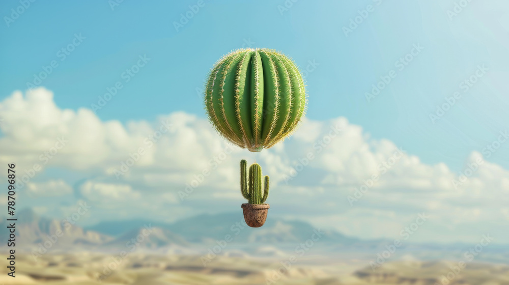 Fototapeta premium A cactus is floating in the air above a desert landscape