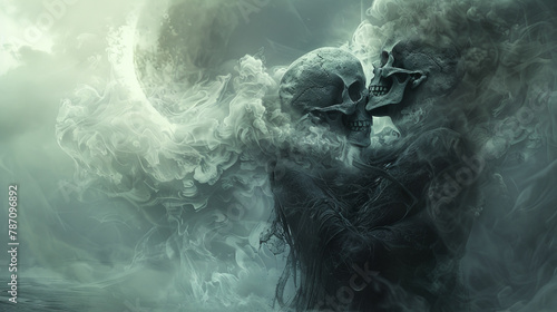 A skull and skeleton are embracing each other in a dark, misty atmosphere