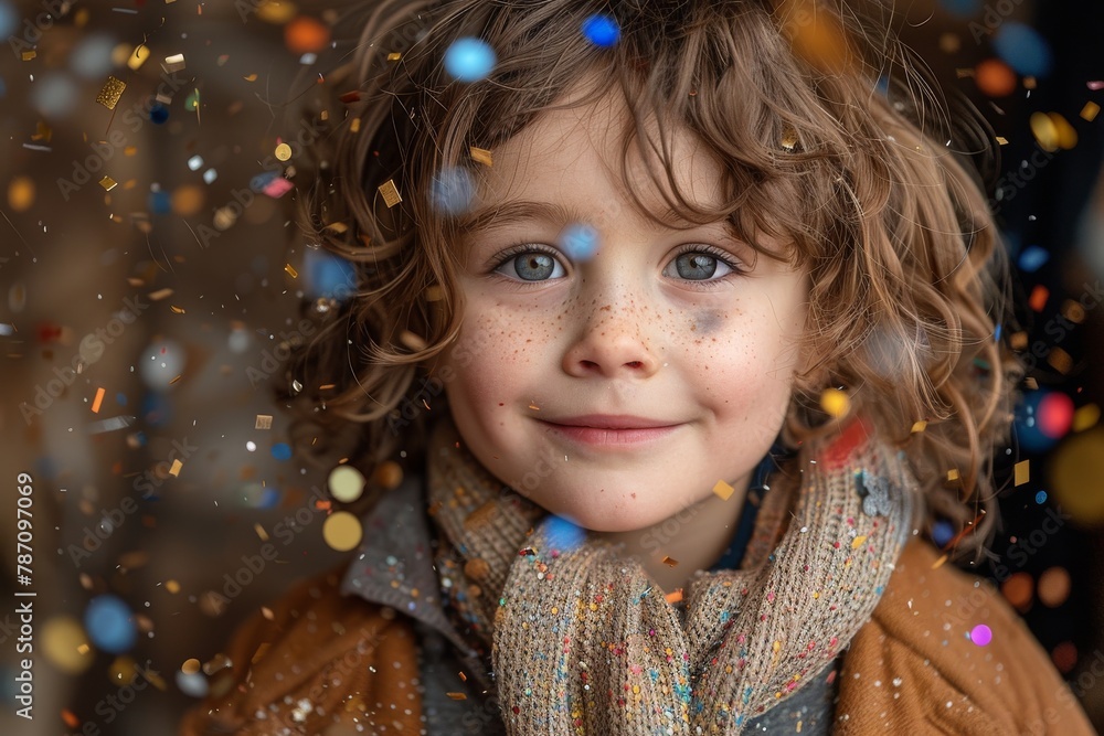 Close-up of an adorable, curly-haired young child surrounded by colorful confetti Close-up of an adorable, curly-haired young child surrounded by colorful confetti