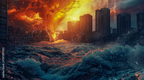 A city is being destroyed by a massive wave