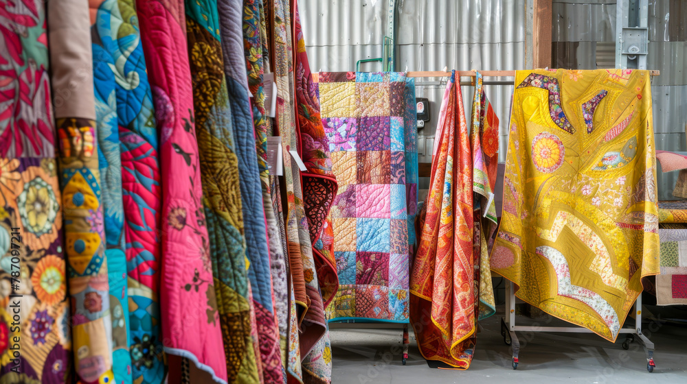A rack of colorful quilts and blankets hang on a wall