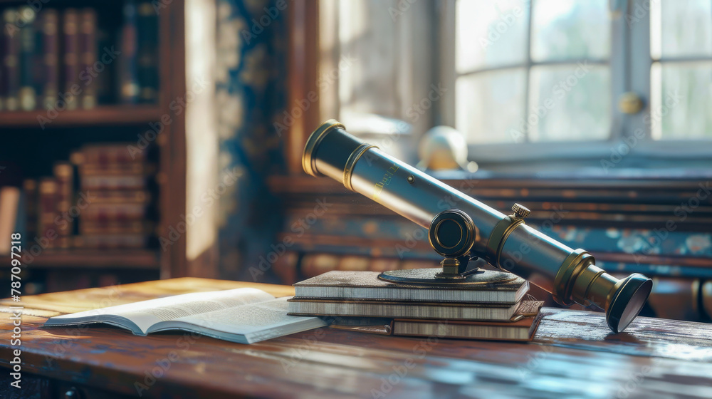 A telescope is on a desk next to a book A telescope is on a desk next to a book