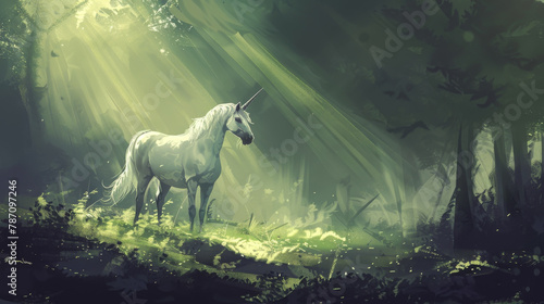 A unicorn stands in a forest with sunlight shining on it
