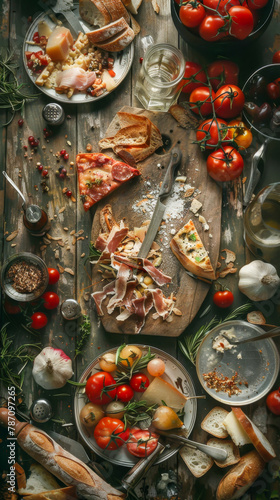 A table is covered with a variety of food, including pizza, bread, and tomatoes
