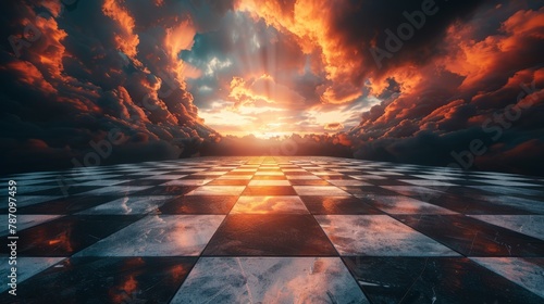 Surrealistic the floor of an chess field , dark sky with clouds, strong orange light, cinematic lighting.