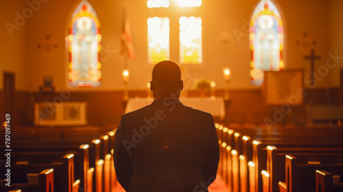A man stands in a church with a candle in his hand photo