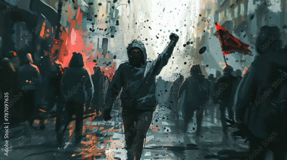 Obraz premium A man is holding a red flag and is surrounded by a crowd of people