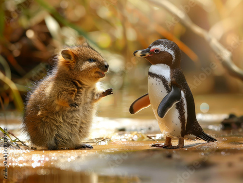 A baby penguin and a baby kangaroo are standing in a body of water photo