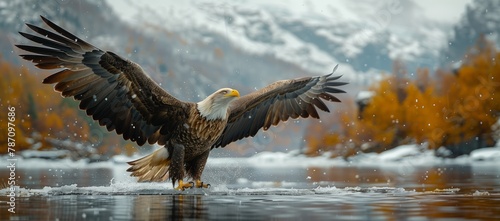 A magnificent bald eagle, a bird from the Accipitridae family in the Falconiformes order, is soaring gracefully over a shimmering lake with its impressive wings spread wide photo