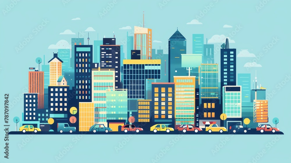 flat design cityscape, business district with stylized buildings and cars
