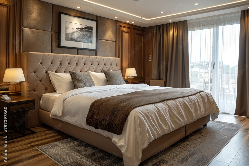 A luxurious room sporting a large, comfortable bed, plush headboard, and sophisticated decor Soft lighting adds warmth and elegance to the space