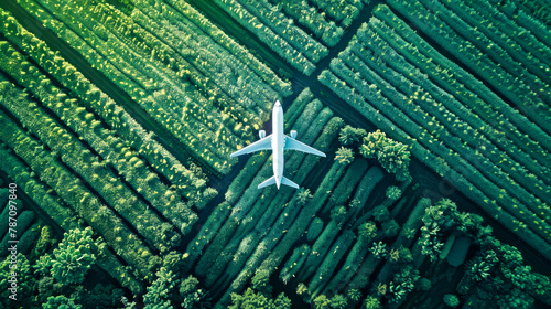 A white airplane is flying over a field of green trees