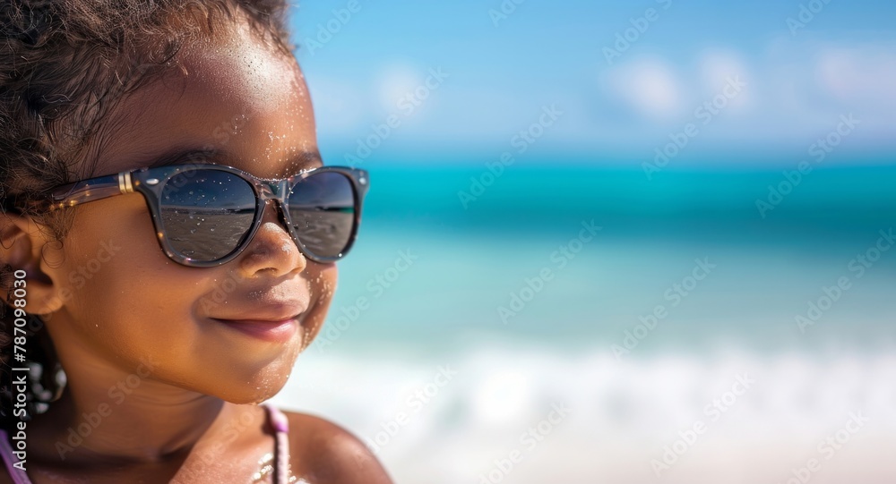 Close up portrait of Afro American looking side on the beach during vacation time Close up portrait of Afro American looking side on the beach during vacation time