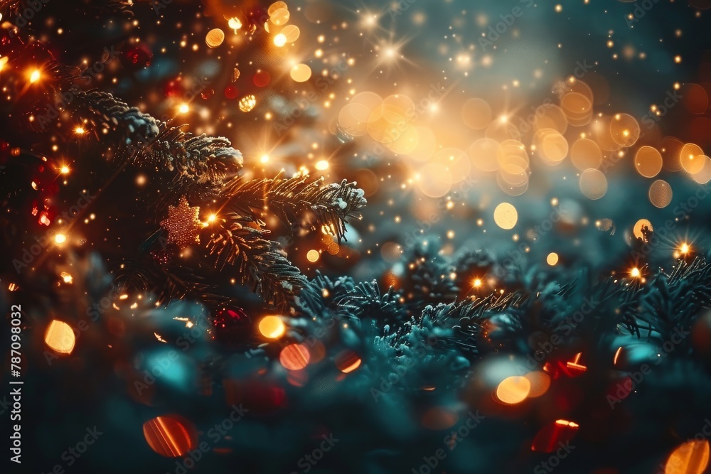 A captivating close-up of a Christmas tree branch, adorned with decorations and surrounded by a magical array of twinkling lights