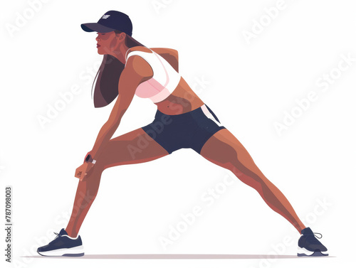 Side view of an illustrated female runner in a stretching pose before a run.